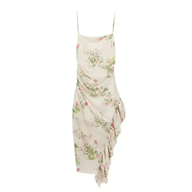 The Lady's Haven Boutique sleeveless tie back floral dress with ruffle detail and delicate pink green flowers