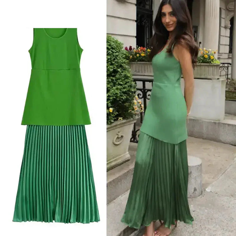 Sleeveless green maxi dress with pleated skirt featured by The Lady's Haven Boutique