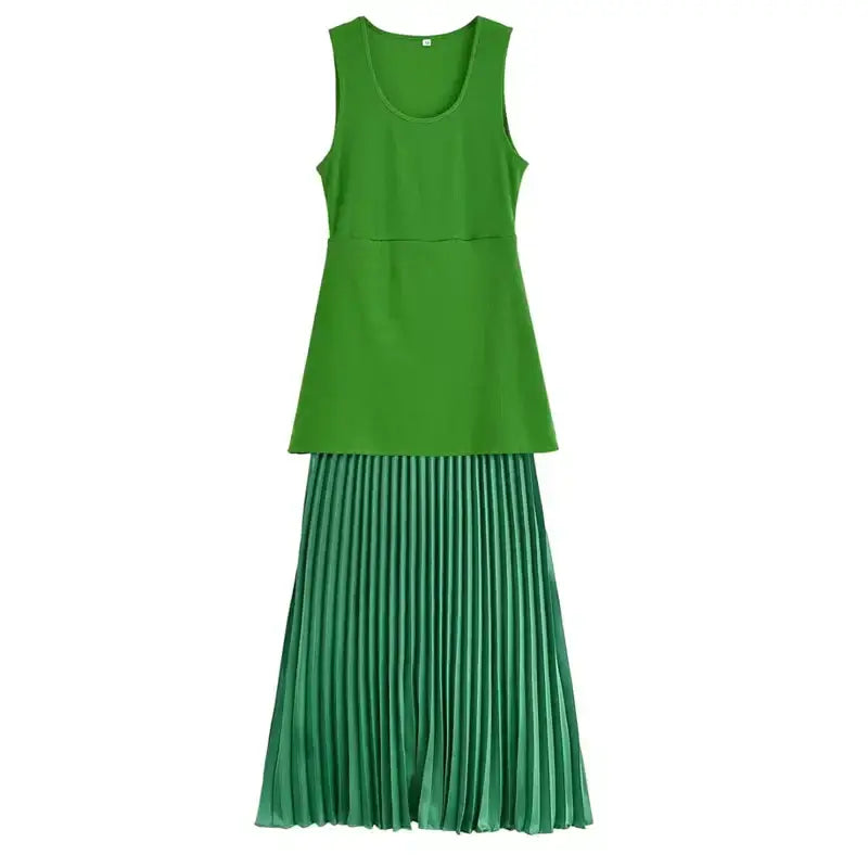 The Lady's Haven Boutique sleeveless green maxi dress with layered top and pleated skirt design