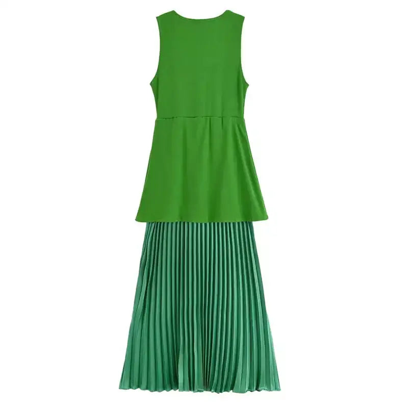 Sleeveless green maxi dress with solid top and pleated skirt from The Lady's Haven Boutique
