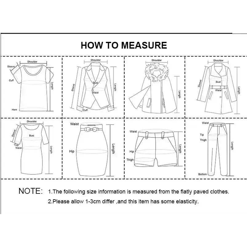 Measurement guide for different clothing types including dresses for navy blue formal evening dress sizing
