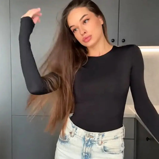 Women’s Elegant Long Sleeve Bodysuit Slim Casual Top - Bodysuit