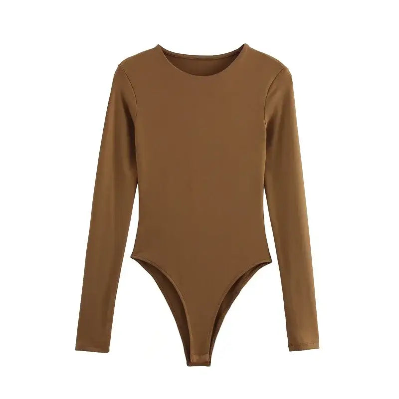 Women’s Elegant Long Sleeve Bodysuit Slim Casual Top - Brown / S - Bodysuit