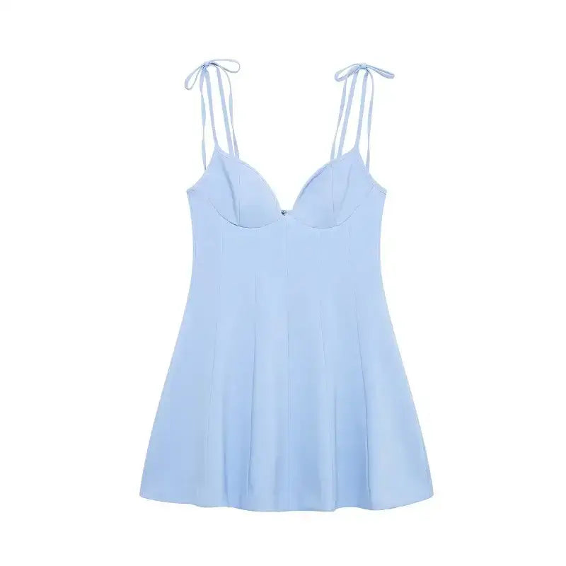 The Lady's Haven Boutique blue mini party dress with tie shoulder straps and fitted bodice