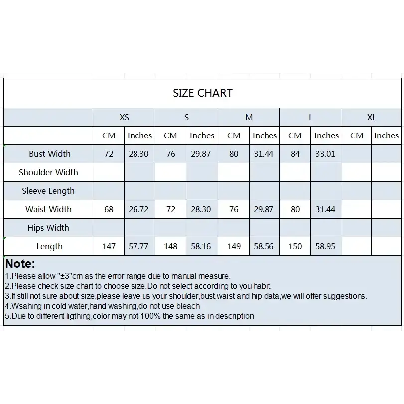 Size chart for elegant polka dot maxi dress with measurements in centimeters and inches from XS to XL