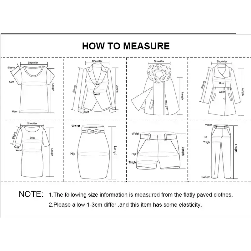 Measurement guide for clothing including tops, dresses, skirts, shorts, and pants with size details