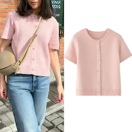 Pink short sleeve fashion lightweight cardigan with buttons styled with jeans