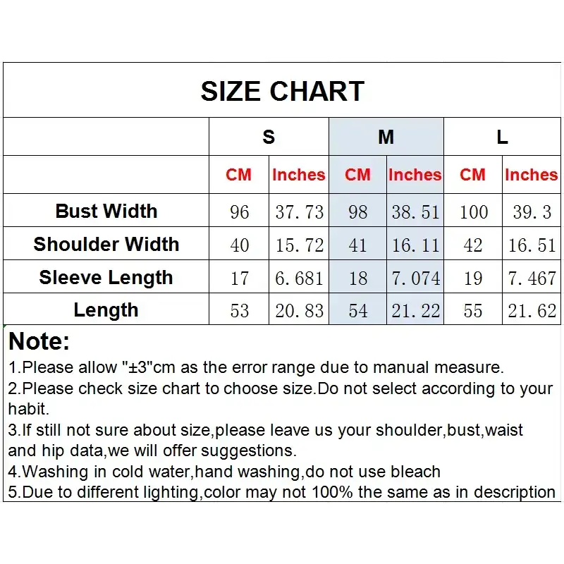 Size chart for fashion lightweight cardigan showing bust width shoulder width sleeve length and overall length in cm and inches