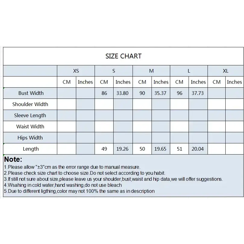 The Lady's Haven Boutique crop sweater vest size chart showing measurements for XS to XL in centimeters and inches