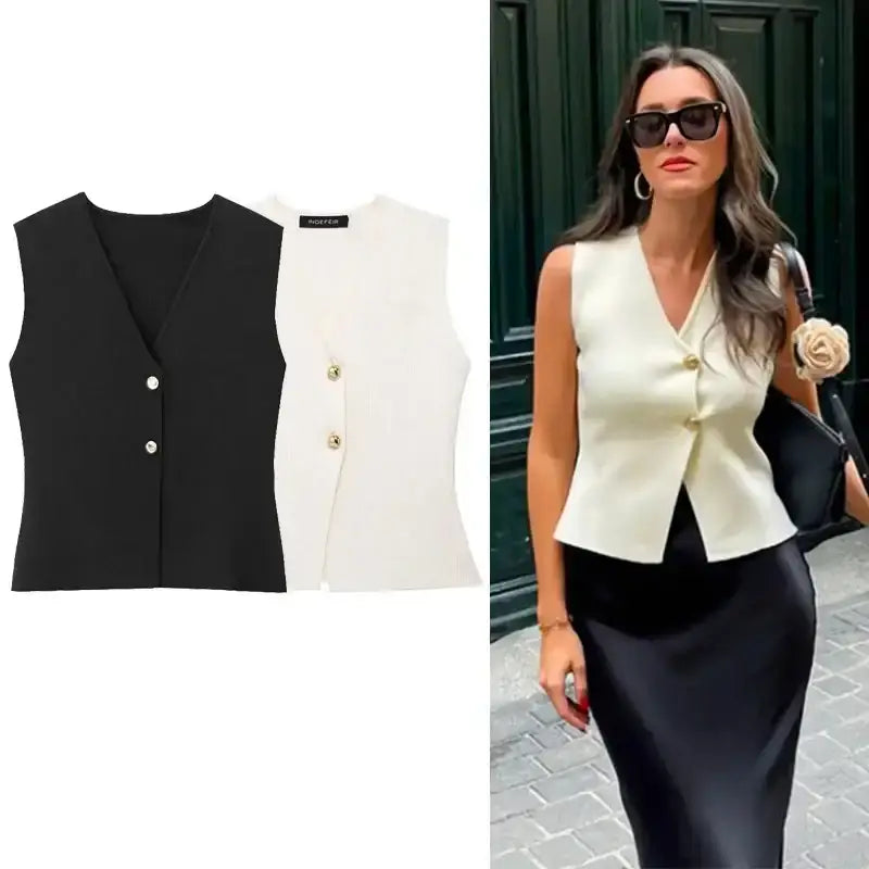 The Lady's Haven Boutique crop sweater vest in black and white with button closure styled on woman
