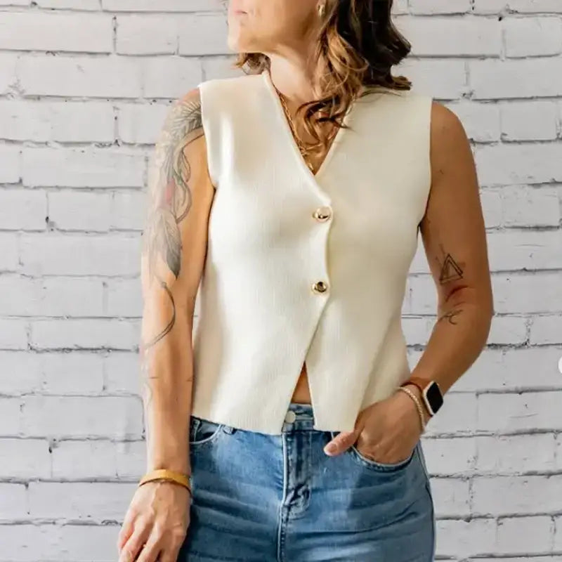 The Lady's Haven Boutique cream crop sweater vest with buttons worn with blue jeans