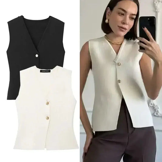 Black and white crop sweater vest with buttons shown on model and flat lay from The Lady's Haven Boutique