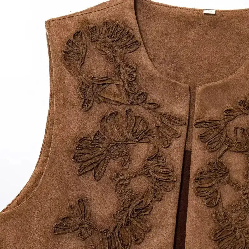 Brown suede spring summer cropped vest with detailed floral embroidery from The Lady's Haven Boutique