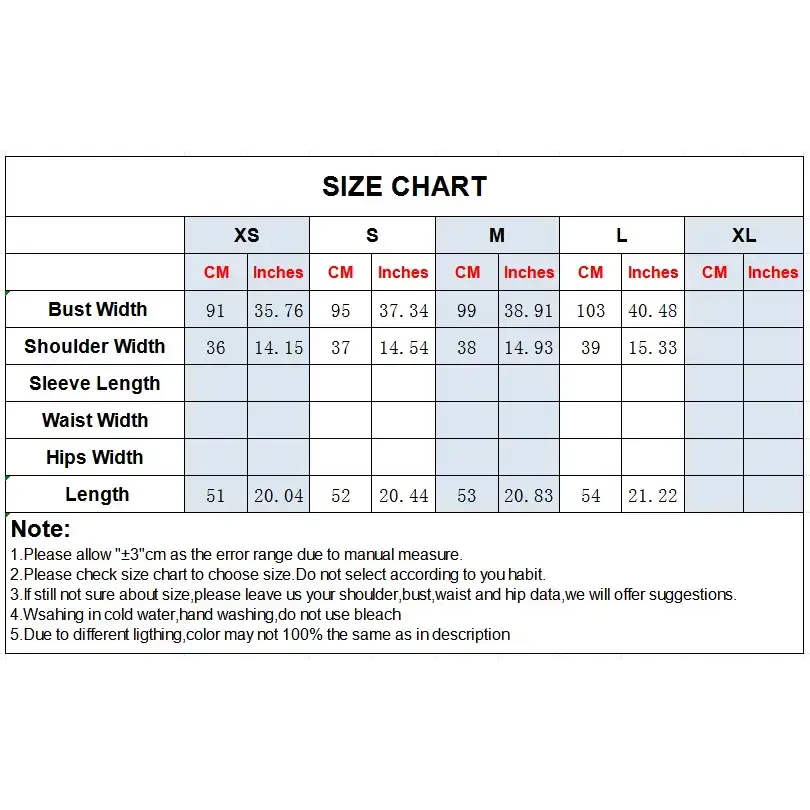 Size chart for spring summer cropped vest including bust, shoulder width, and length measurements in cm and inches