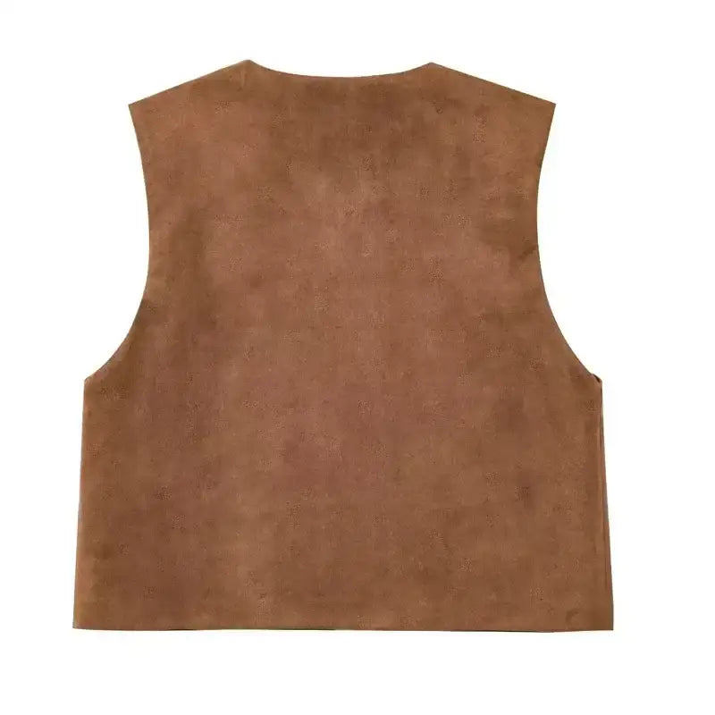 Brown suede spring summer cropped vest with sleeveless design from The Lady's Haven Boutique