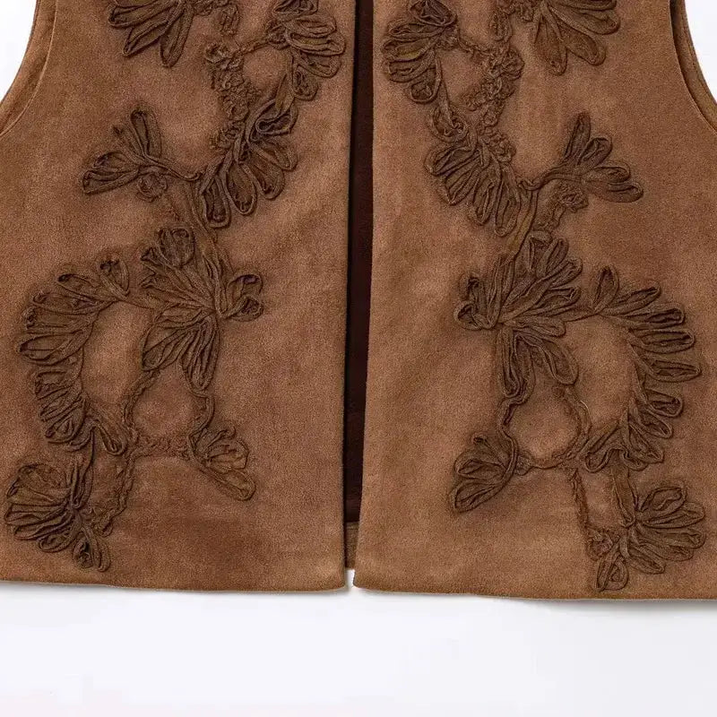 Brown spring summer cropped vest with intricate floral embroidery from The Lady's Haven Boutique