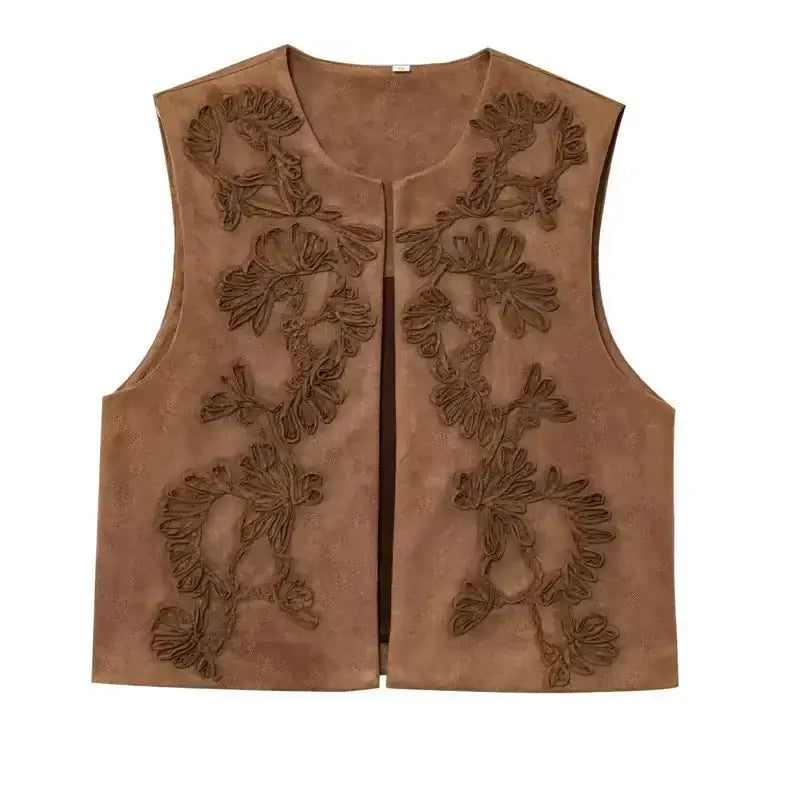 Brown suede spring summer cropped vest with floral embroidery by The Lady's Haven Boutique