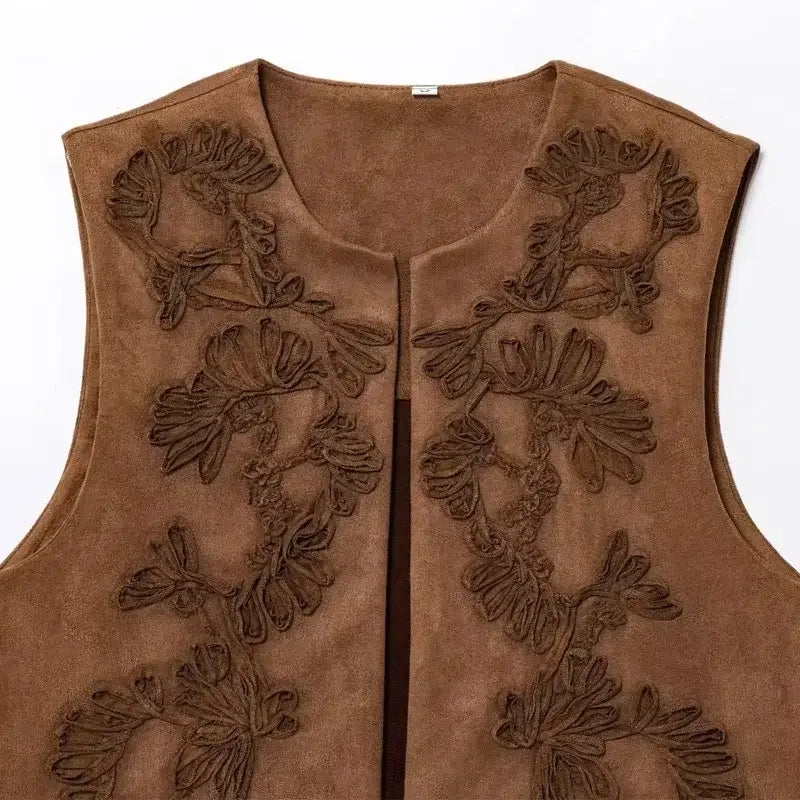 Brown suede spring summer cropped vest with intricate floral embroidery from The Lady's Haven Boutique