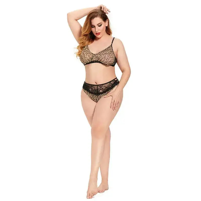Womens Leopard Print Bra Set Lingerie Push Up Brassiere Lace Underwear Set Sexy Bandage Panties XL to 5XL