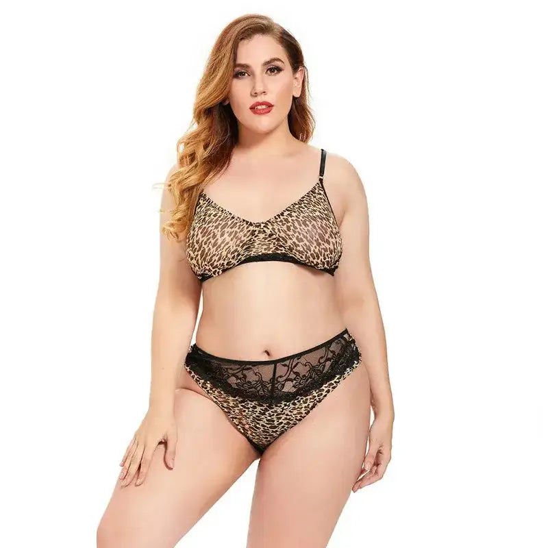 Womens Leopard Print Bra Set Lingerie Push Up Brassiere Lace Underwear Set Sexy Bandage Panties XL to 5XL - Leopard