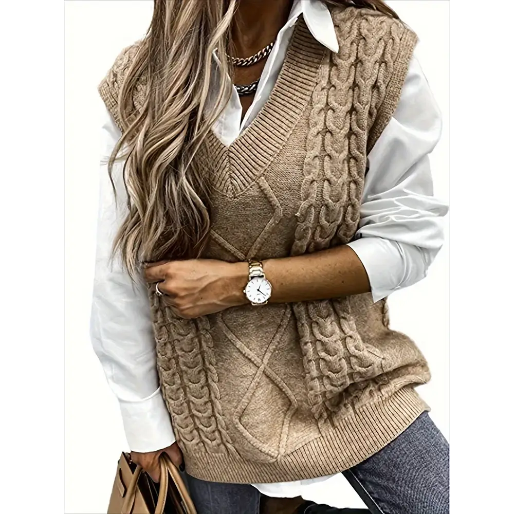 Women’s plus Size Preppy V-Neck Sweater Vest Solid Argyle Knit with Slight Stretch Comfortable Casual Wear - Khaki / 1XL