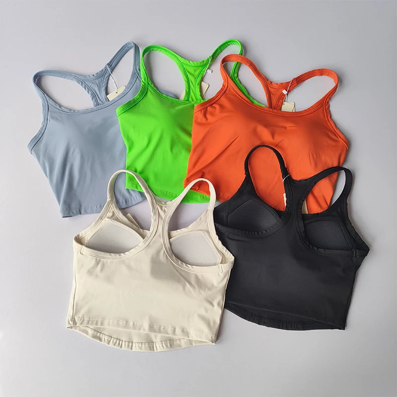 Set of colorful womens push up sports bras in six vibrant shades for active wear and comfort