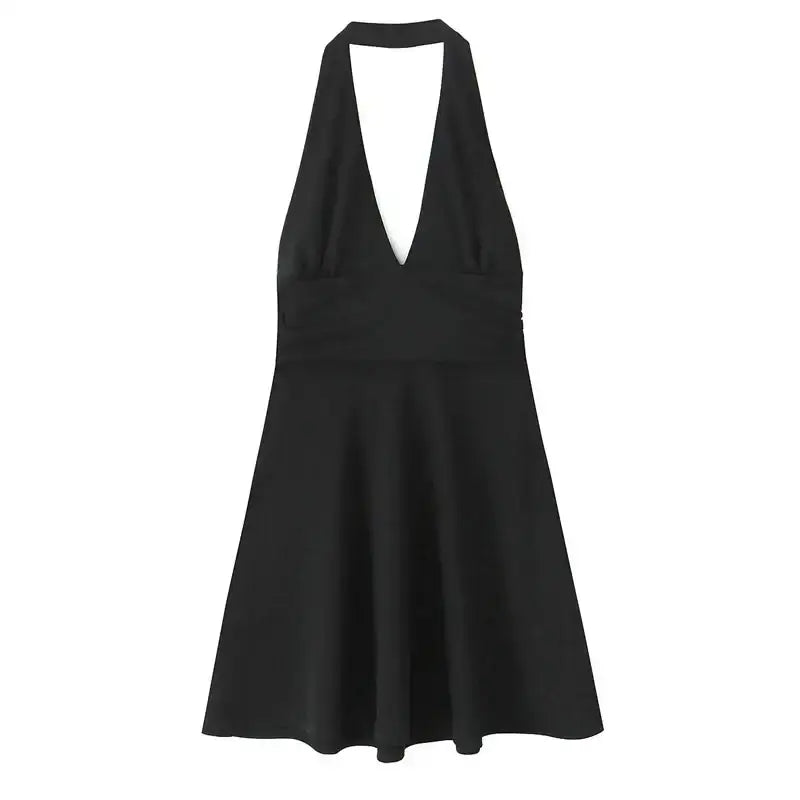Black off shoulder halter mini dress with deep plunge neckline from The Lady's Haven Boutique