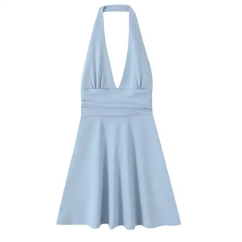 Light blue off shoulder halter mini dress with deep V neckline and flared skirt