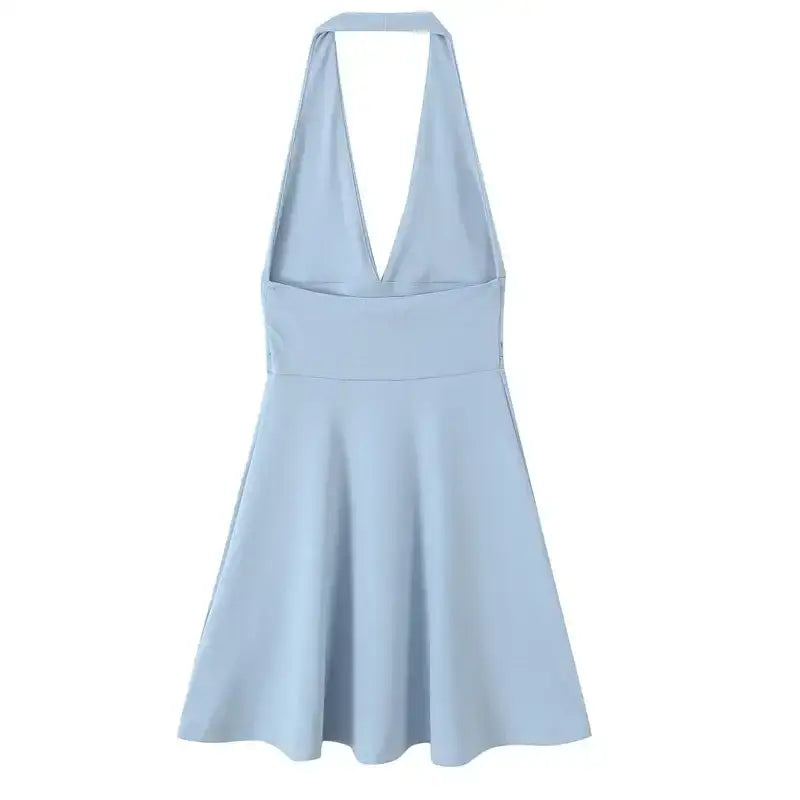 Light blue off shoulder halter mini dress with deep V-neck and flared skirt from The Lady's Haven Boutique