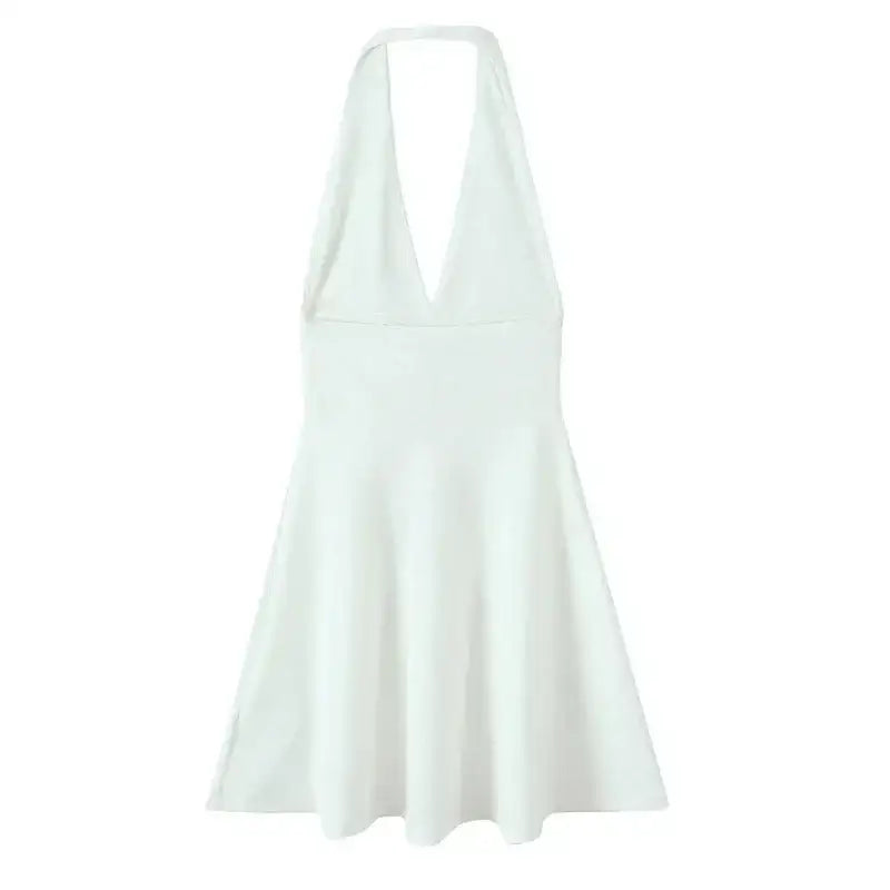White off shoulder halter mini dress with deep V neckline and flared skirt from The Lady's Haven Boutique