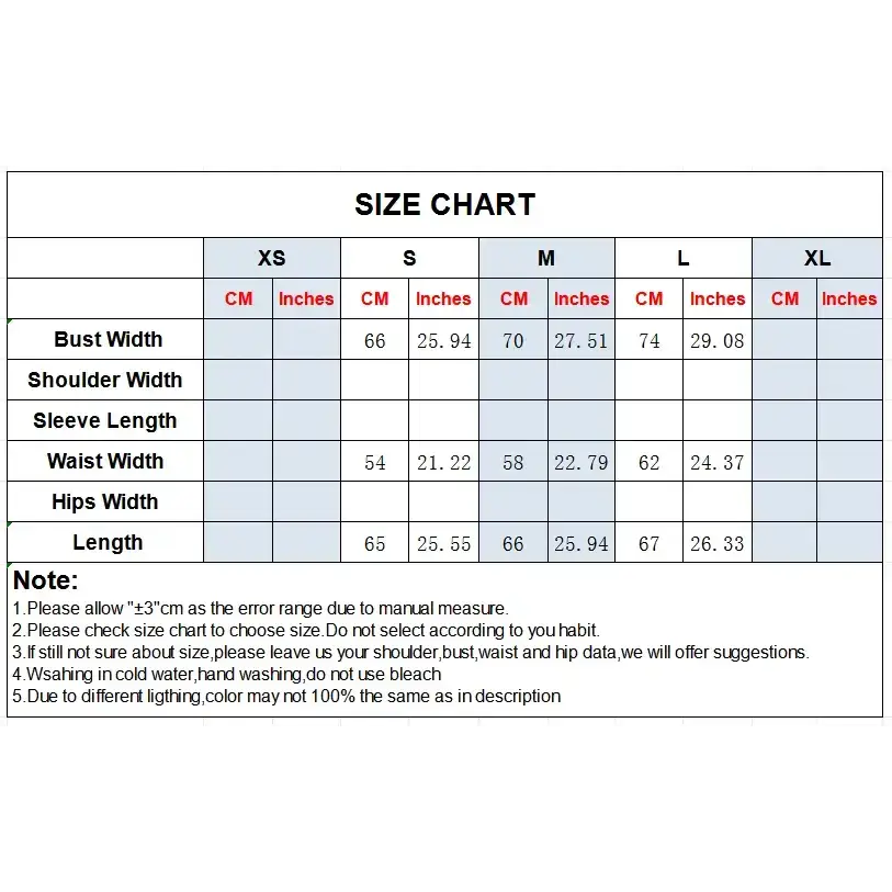 Size chart for off shoulder halter mini dress with measurements in centimeters and inches from XS to XL
