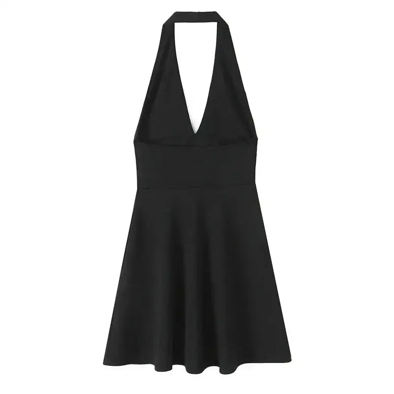 Black off shoulder halter mini dress with deep V neckline and flared skirt from The Lady's Haven Boutique