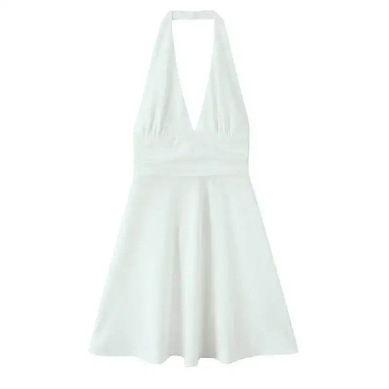 White off shoulder halter mini dress with deep v neckline and flared skirt from The Lady's Haven Boutique