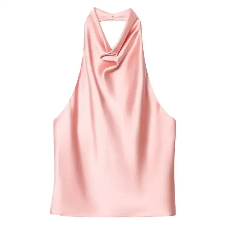 Soft pink satin halter crop top with draped neckline from The Lady's Haven Boutique