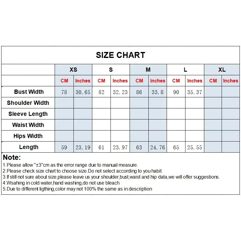 Size chart for halter crop tops by The Lady's Haven Boutique showing measurements in centimeters and inches for XS to XL sizes