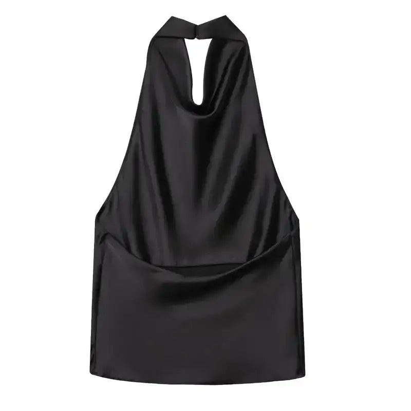 Black satin halter crop tops with a keyhole neckline from The Lady's Haven Boutique