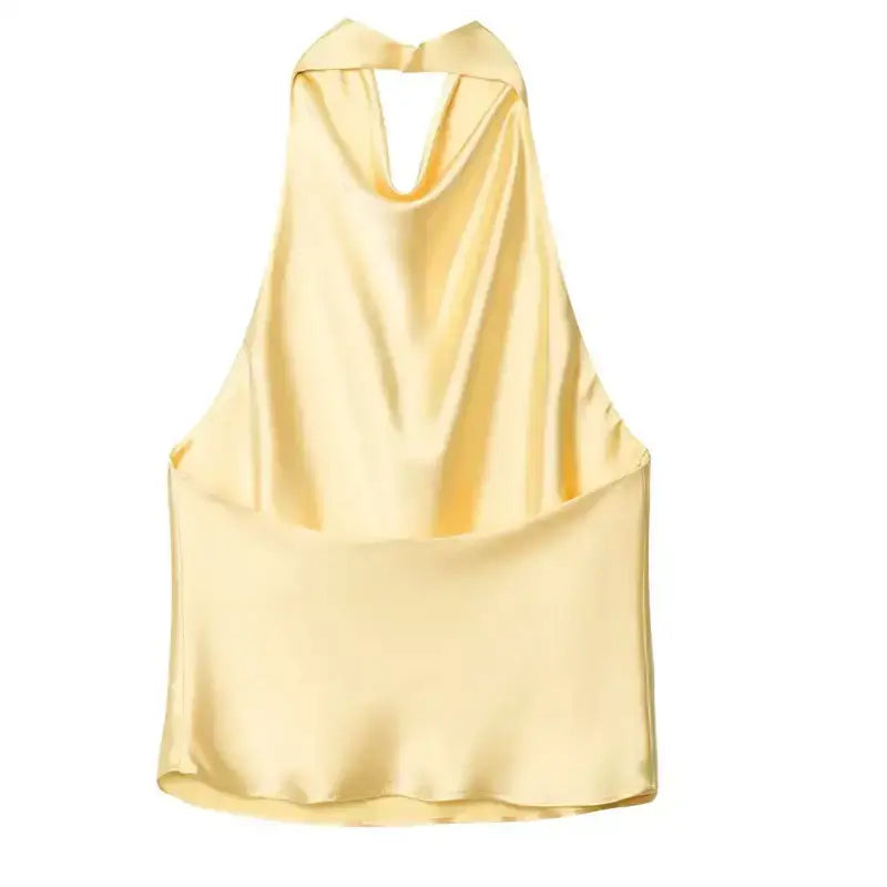 Light yellow satin halter crop tops with a draped neckline and back tie from The Lady's Haven Boutique