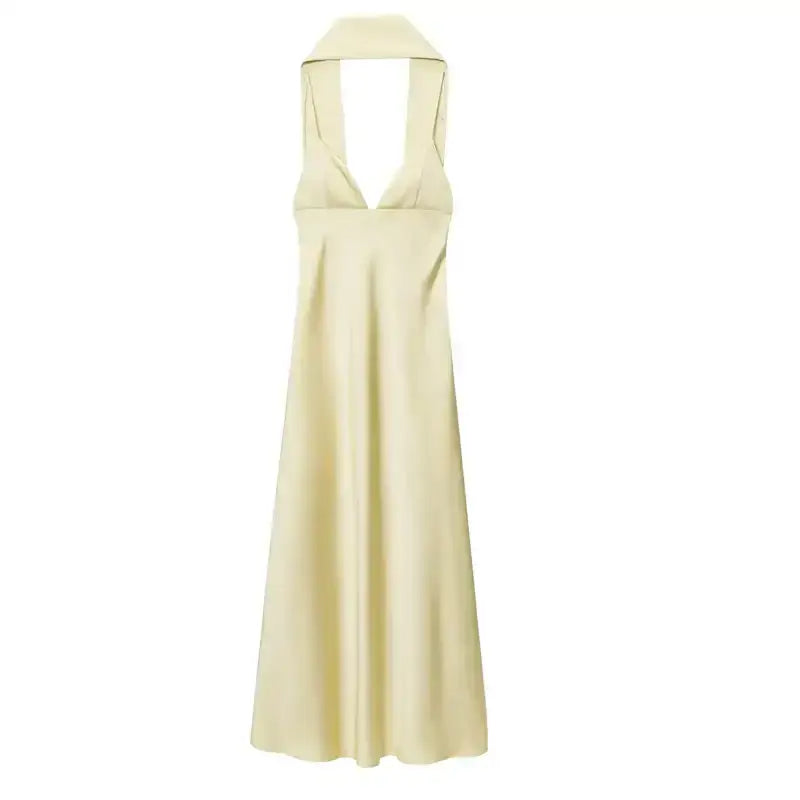 Cream sleeveless satin formal dress with halter neckline from The Lady's Haven Boutique
