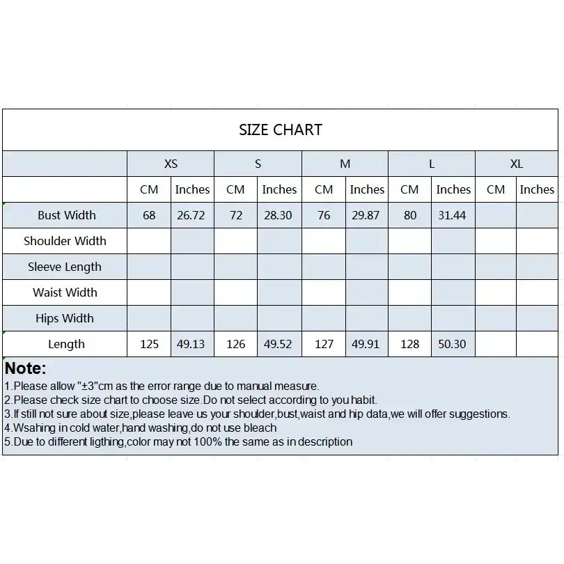 Size chart for sleeveless satin formal dress showing bust, length, and measurements in cm and inches from XS to XL