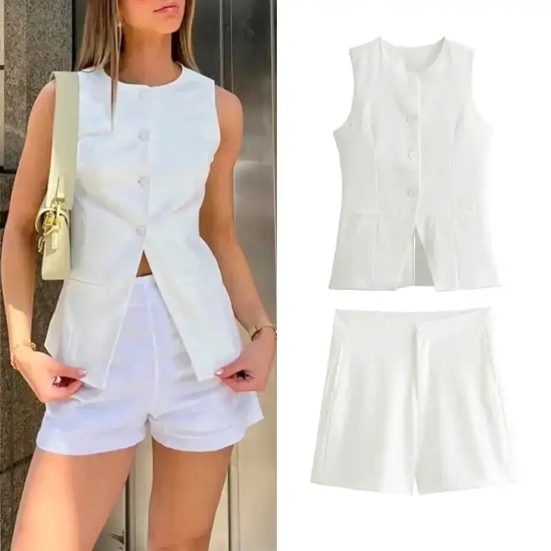 White summer office vest and shorts outfit from The Lady's Haven Boutique featuring a sleeveless buttoned vest and matching shorts