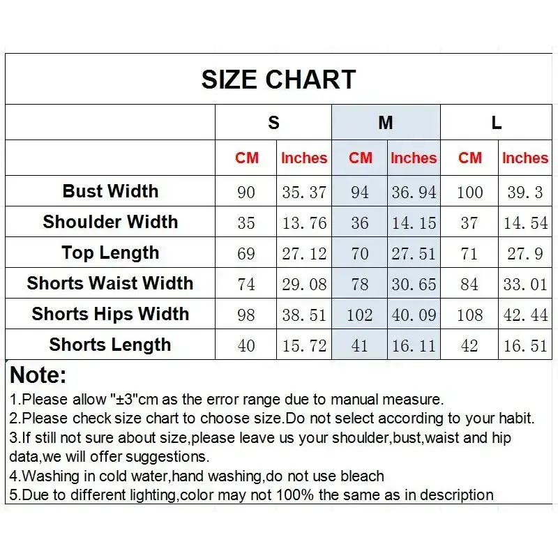 Size chart for summer office vest and shorts outfit showing bust, shoulder, top, waist, hips, and length measurements