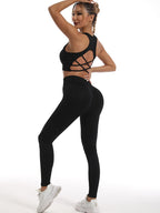 Stylish womens yoga set tracksuit in black with a unique crisscross back design