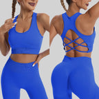 Vibrant Blue Womens Yoga Set Tracksuit with Stylish Crisscross Back Design and High-Waisted Leggings
