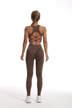 Stylish womens yoga set tracksuit in brown with crisscross back design for comfort and flexibility