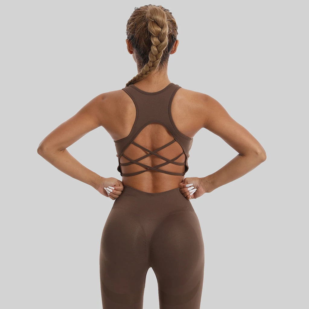Womens yoga set tracksuit in brown with stylish crisscross back design for comfort and flexibility