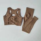 Womens yoga set tracksuit in brown featuring a stylish crop top and high-waisted leggings