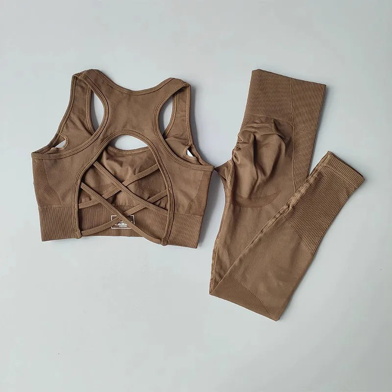 Womens yoga set tracksuit in brown featuring a stylish crop top and high-waisted leggings