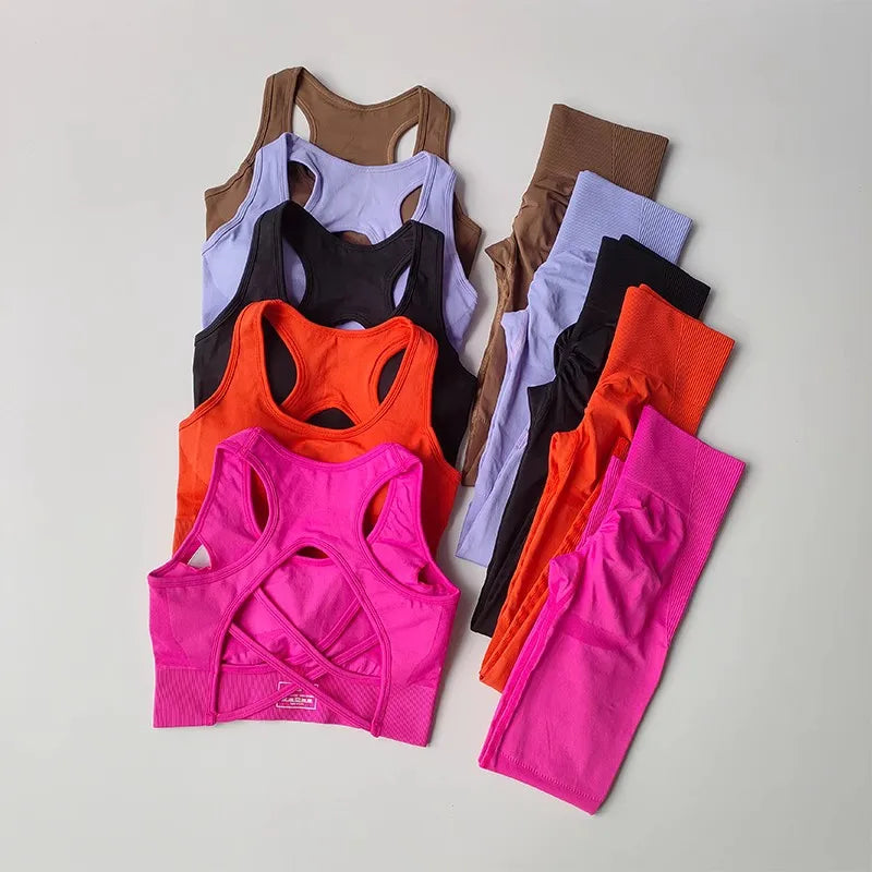 Variety of womens yoga set tracksuit including sports bras and leggings in multiple colors