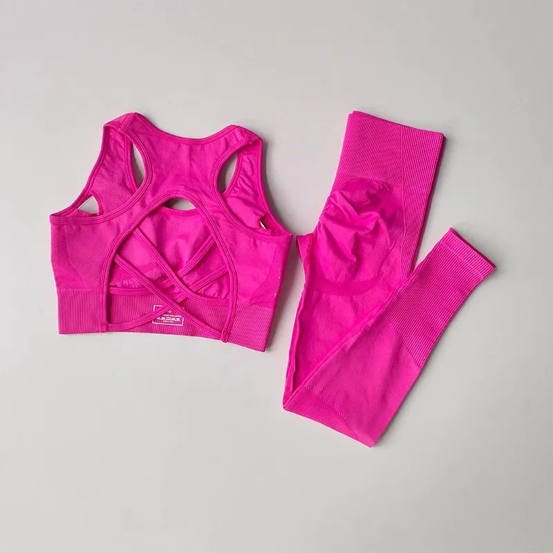 Bright pink womens yoga set tracksuit featuring a stylish sports bra and matching leggings