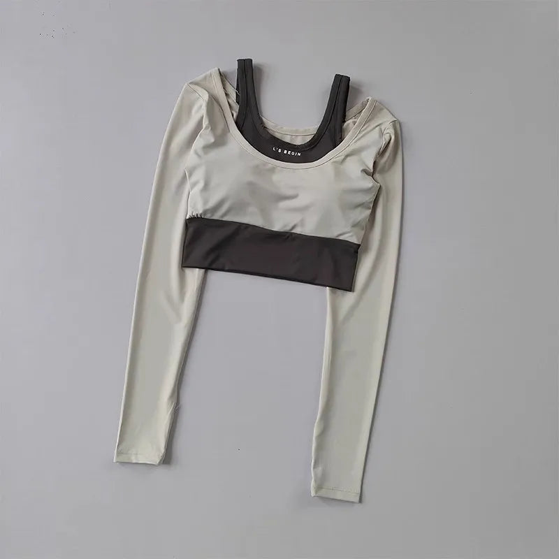 Stylish workout t-shirt with pads in beige and black design for gym enthusiasts